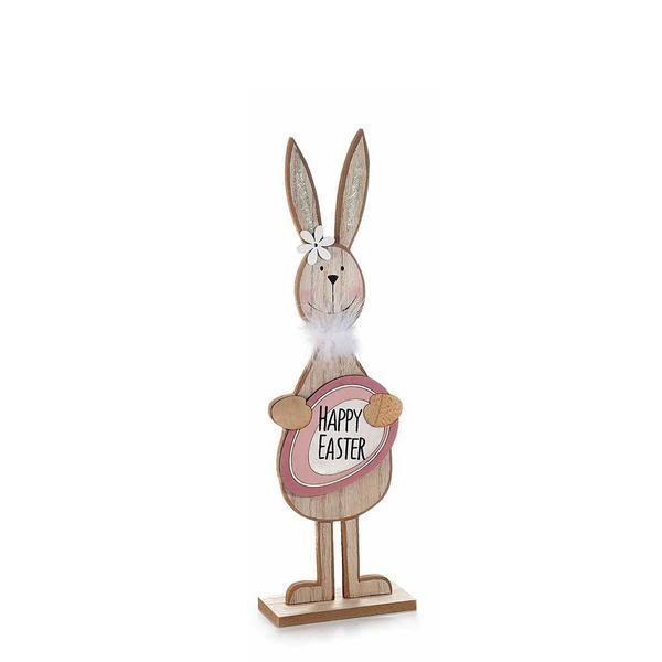 Figurina iepuras paste din lemn natur si roz 12 cm x 6 cm x 40 h - decorer