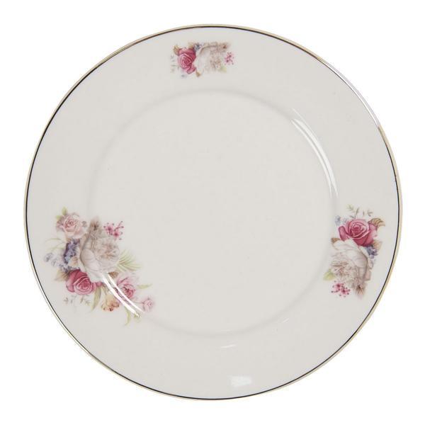 Farfurie din portelan alb cu decor floral roz diametru 21 cm x 2 h