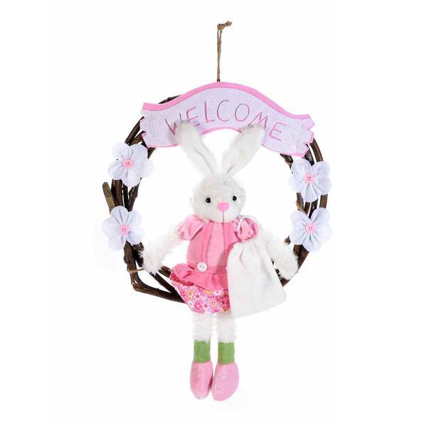 Coronita paste lemn maro cu iepuras textil roz girl diametru 34 cm