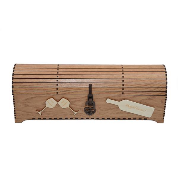 Cutie din lemn personalizata, pentru o sticla vin, cufar handmade piksel, culoare stejar