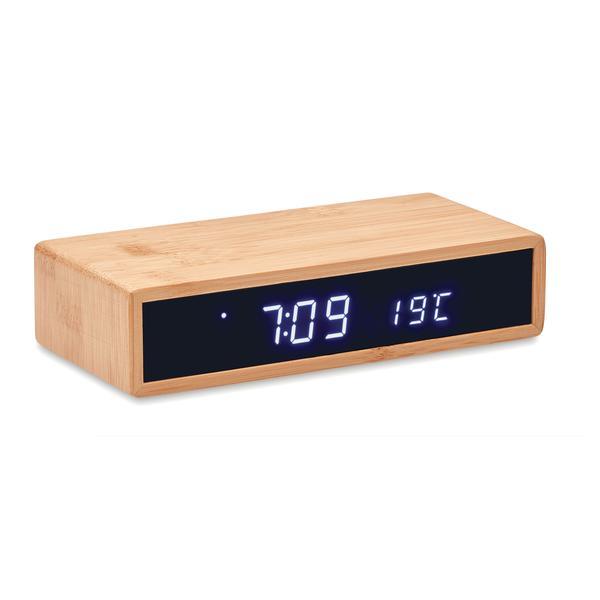 Ceas digital cu LED, din lemn bambus, Piksel,cu alarma, temperatura si incarcator wireless, laveta inclusa - Piksel