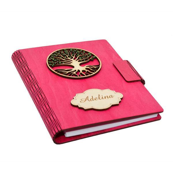 Agenda a5 din lemn personalizata, roz, piksel, pomul vietii, 100 pagini si pix din lemn inclus