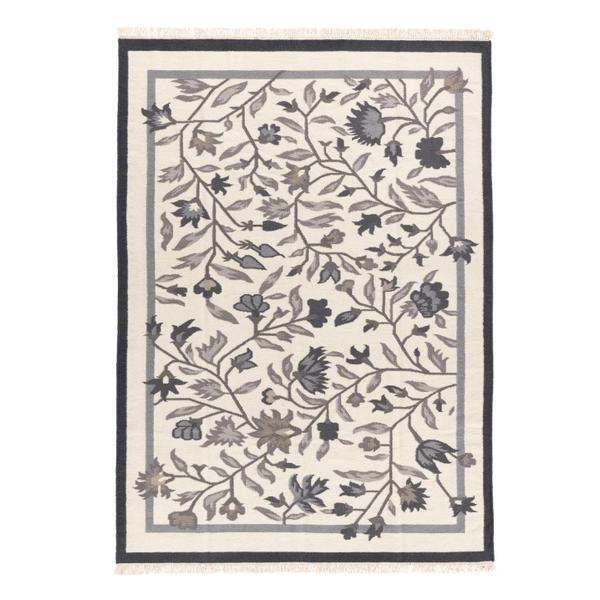 Covor decorativ, tesatura plata, lucrat manual, din lana, model cu flori, cu doua fete, reversibil, 240 x 170 cm, gri, Topi Dreams