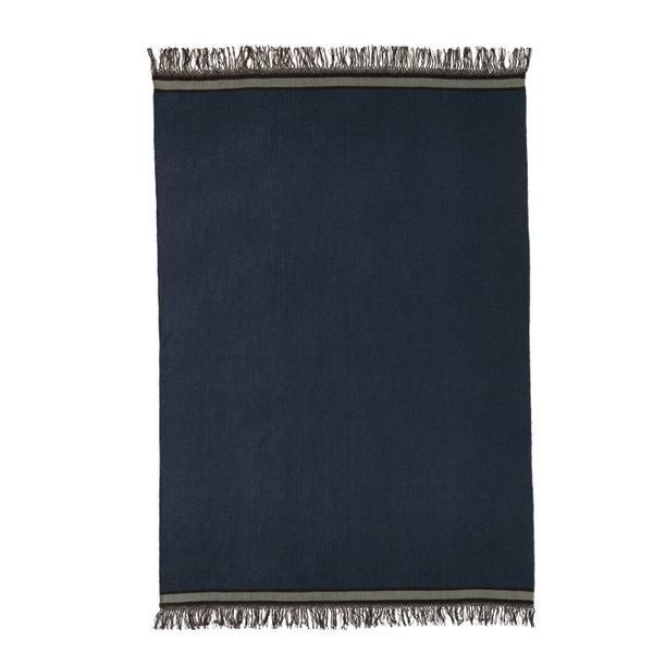 Covor decorativ, tesatura plata, lucrat manual, din lana si bumbac, design franjurat, cu 2 fete, reversibil, 240 x 170 cm, albstru, topi dreams