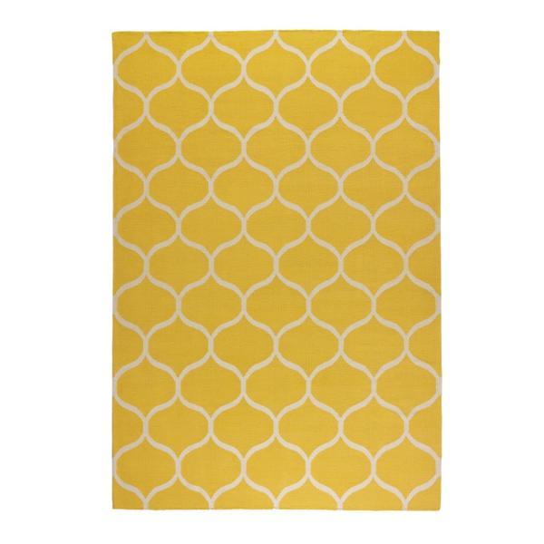 Covor decorativ, tesatura plata, lucrat manual, rezistent, din lana, design geometric, cu 2 fete, reversibil, 240 x 170 cm, alb cu galben, topi dreams