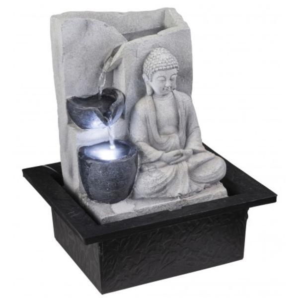 Statueta Budhha cu lumina LED si sunet redat de apa care curge in fantana decorativa, 18.5 cm, negru cu gri