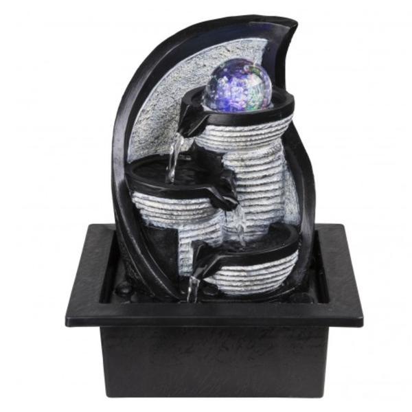 Accesoriu decorativ de interior, cu lumina led si sunet redat de apa care curge in fantana decorativa, 17.5 cm, negru cu gri