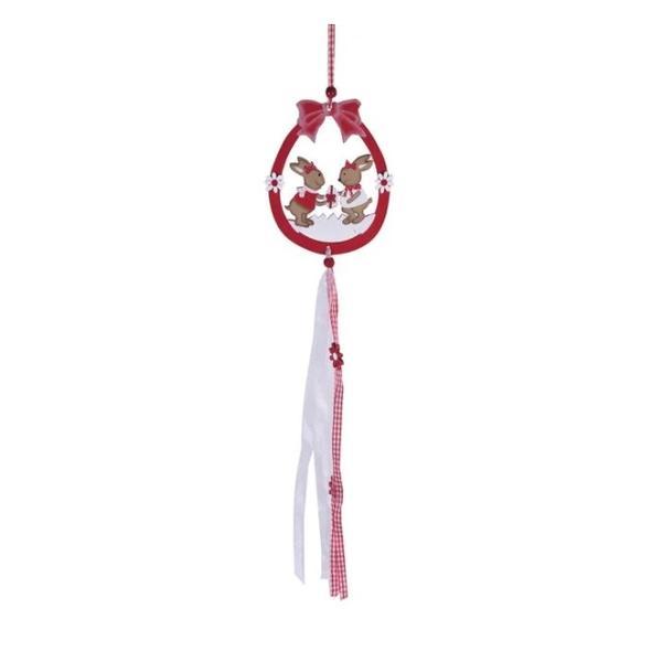 Decoratiune suspendabila tip pandantiv din lemn, decupat in forma de ou, decorat cu floricele de primavara, iepurasi si ousor de paste cu fundita de cadou, lungime 40 cm