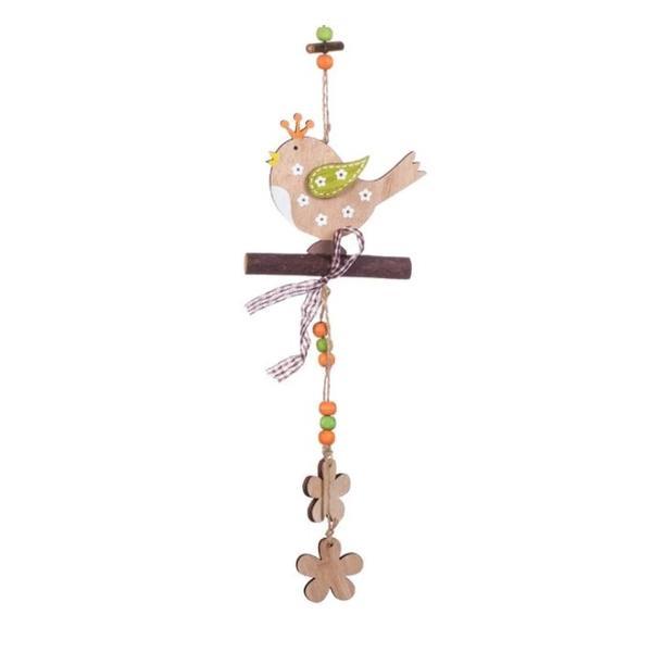 Decoratiune suspendabila tip pandantiv din lemn, pentru paste, model cu pui de pasare, flori de primavara si margele, lungime 40 cm