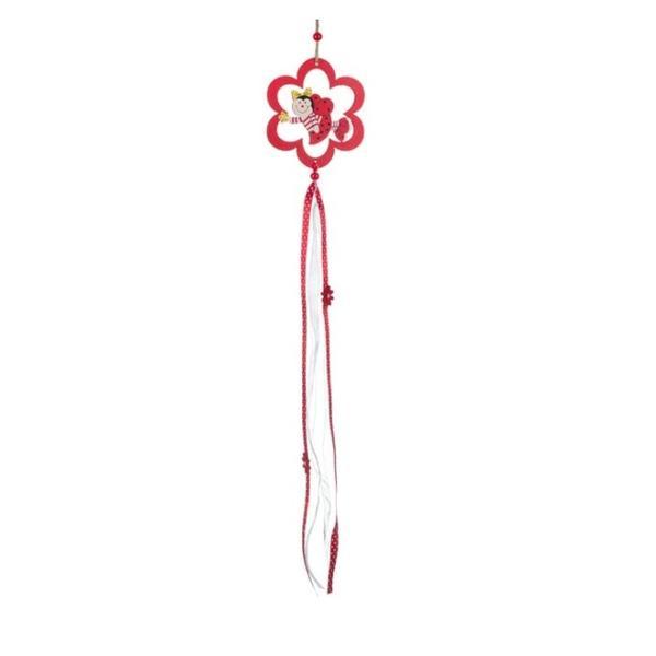 Decoratiune suspendabila tip pandantiv din lemn, pentru paste si primavara, decupaj in forma de floricica, model gargarita in zbor cu panglici agatate, lungime 60 cm