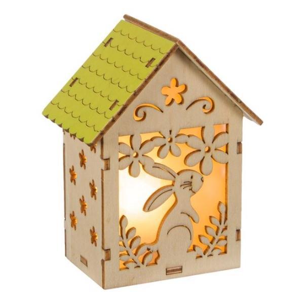 Decoratiune luminoasa 3D pentru Paste si primavara, casuta din lemn, cu decupaj in forma de iepuras si floricele, cu lumina LED si buton on/off, 10 cm - Topi Toy