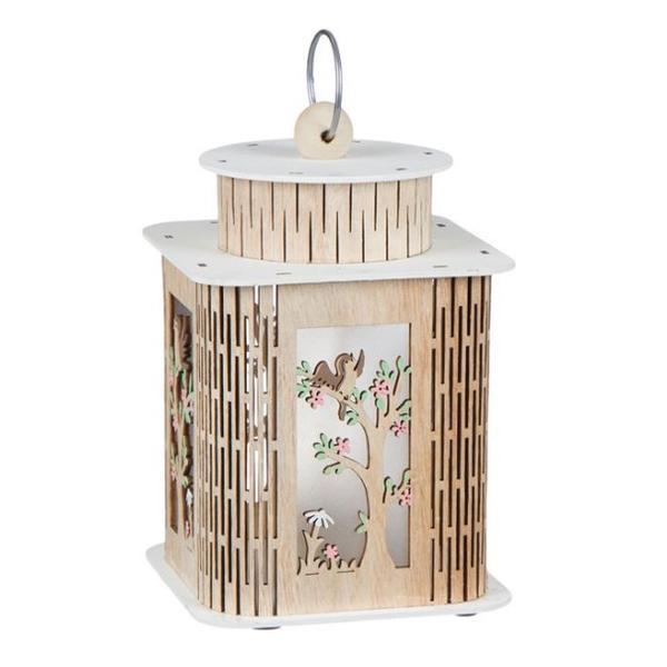 Decoratiune luminoasa 3d, tip felinar din lemn pentru paste si primavara, model cu arbore, flori si pasare, cu lumina led si buton on/off, 18 cm