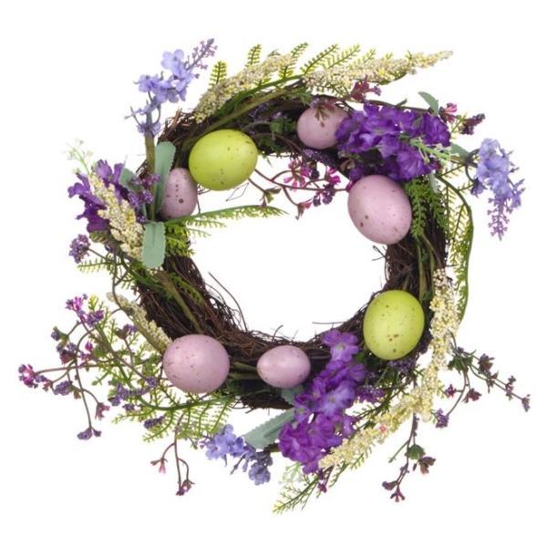 Decoratiune tip coronita pentru Paste si primavara, impodobita cu oua, lavanda mov, flori multicolor, iarba, 25 cm