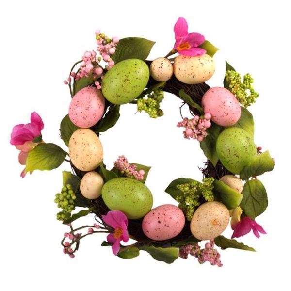 Decoratiune suspendabila tip coronita, impodobita cu oua vopsite pentru Paste, flori de primavara multicolor, frunze, 25 cm - Topi Toy