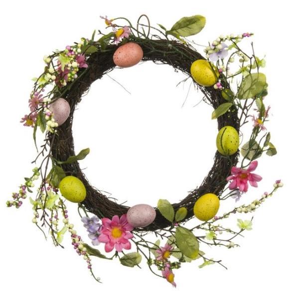 Decoratiune suspendabila tip coronita, impodobita cu oua vopsite pentru Paste, flori de primavara multicolor, frunze, 40 cm - Topi Toy