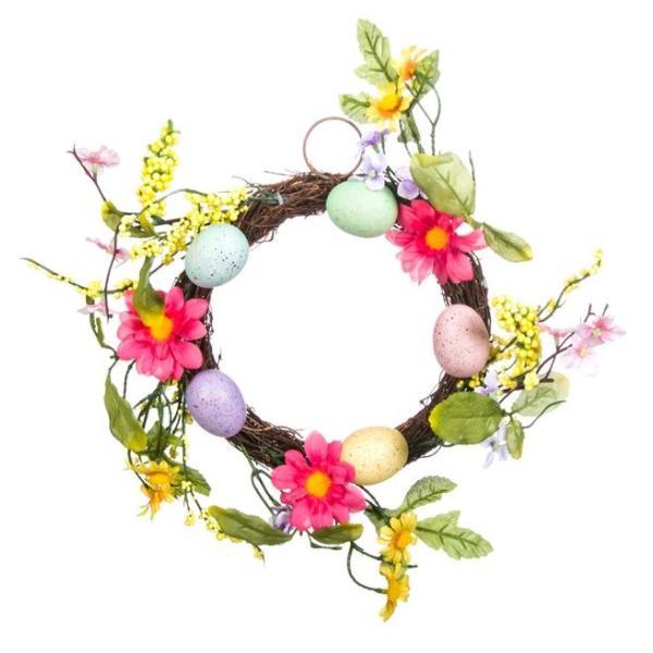 Topi Toy Decoratiune tip coronita pentru paste si primavara, impodobita cu oua vopsite, flori multicolor, frunze verzi, 30 cm
