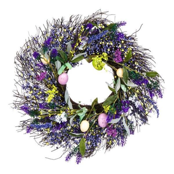 Decoratiune suspendabila tip coronita, impodobita cu oua colorate pentru Paste, lavanda mov, flori de primavara multicolor, frunze, 45 cm - Topi Toy