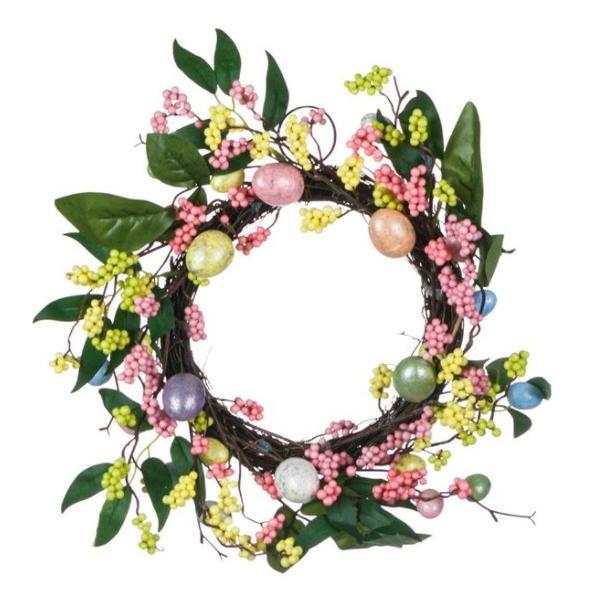 Decoratiune suspendabila tip coronita, impodobita cu oua colorate pentru Paste, flori de primavara multicolor, frunze, 25 cm - Topi Toy