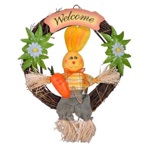 Coronita de agatat pentru Paste, decorata cu iepuras, morcov, flori de primavara si mesaj de bun venit, diametru 30 cm, multicolor