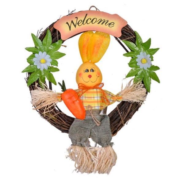 Coronita de agatat pentru paste, decorata cu iepuras, morcov, flori de primavara si mesaj de bun venit, diametru 30 cm, multicolor