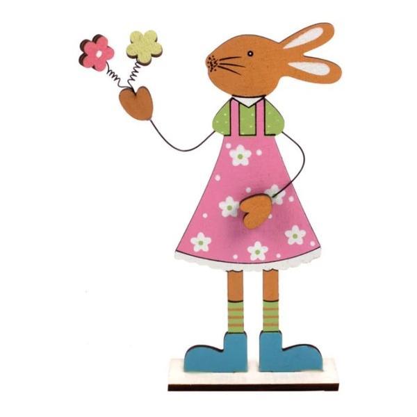 Figurina decor pentru masa de Paste, fetita iepuras din lemn, cu rochita multicolor si floricele de primavara, inaltime 17.5 cm - Topi Toy