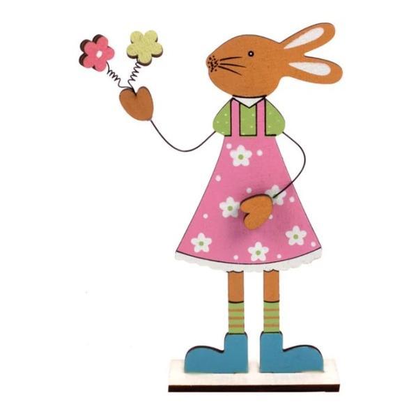 Figurina decor pentru masa de paste, fetita iepuras din lemn, cu rochita multicolor si floricele de primavara, inaltime 17.5 cm - topi toy