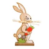 Figurina decor pentru masa de Paste, iepure din lemn, cu morcov, verdeata si flori de primavara, inaltime 18.5 cm