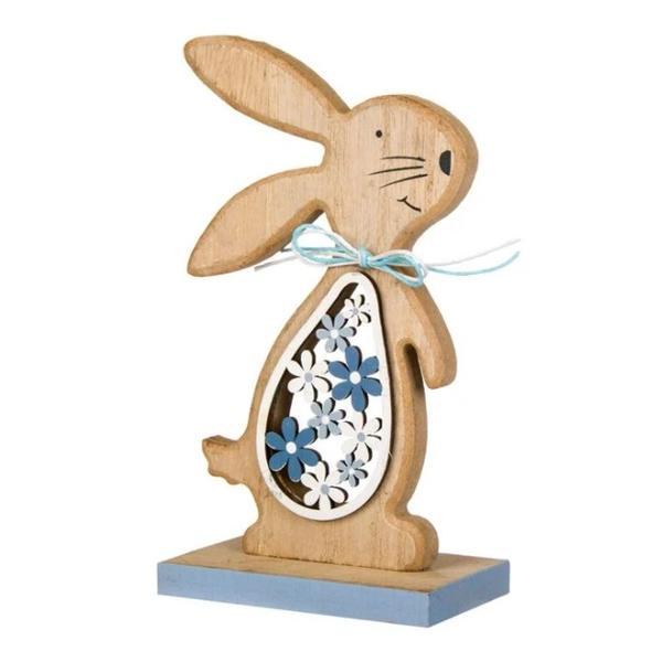 Figurina decor pentru masa de paste, iepure pe stativ din lemn, cu decupaj floral, inaltime 14.5 cm