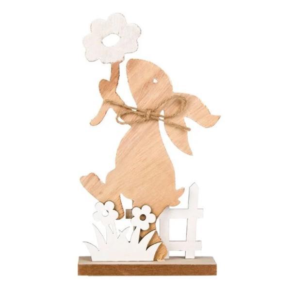 Figurina decor pentru masa de paste, iepure pe stativ din lemn, cu decupaj floral, iarba, gard, inaltime 20.5 cm