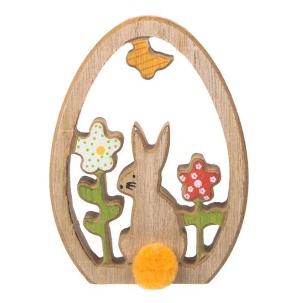 Figurina decor pentru masa, ou de Paste cu iepuras din lemn si flori multicolor de primavara, inaltime 12.5 cm