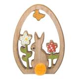 Figurina decor pentru masa, ou de Paste cu iepuras din lemn si flori multicolor de primavara, inaltime 12.5 cm