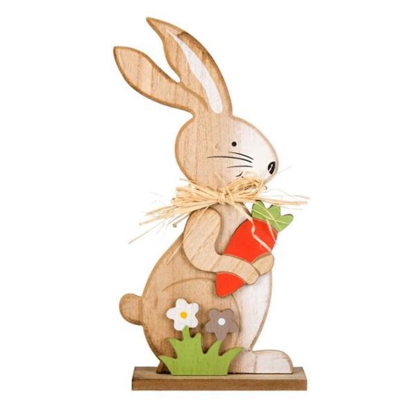 Decor paste, iepuras din lemn, cu morcov, flori de primavara, iarba verde, papion din paie, inaltime 29.5 cm - topi toy