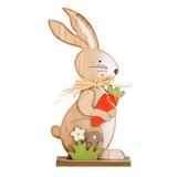 Decor Paste, iepuras din lemn, cu morcov, flori de primavara, iarba verde, papion din paie, inaltime 29.5 cm - Topi Toy