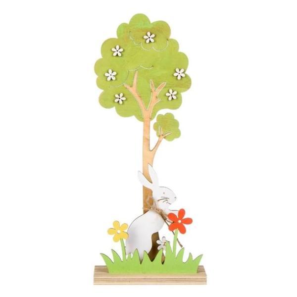 Figurina decor pentru masa de Paste, model cu iepuras, flori multicolor de primavara, iarba verde, pom inflorit, pe stativ din lemn, inaltime 30 cm