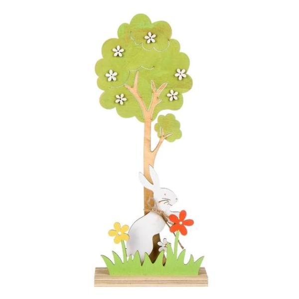 Figurina decor pentru masa de paste, model cu iepuras, flori multicolor de primavara, iarba verde, pom inflorit, pe stativ din lemn, inaltime 30 cm