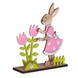 Decor Paste, iepuroaica din lemn, cu rochie roz, lalele de primavara, iarba verde, gardulet, inaltime 16.5 cm - Topi Toy