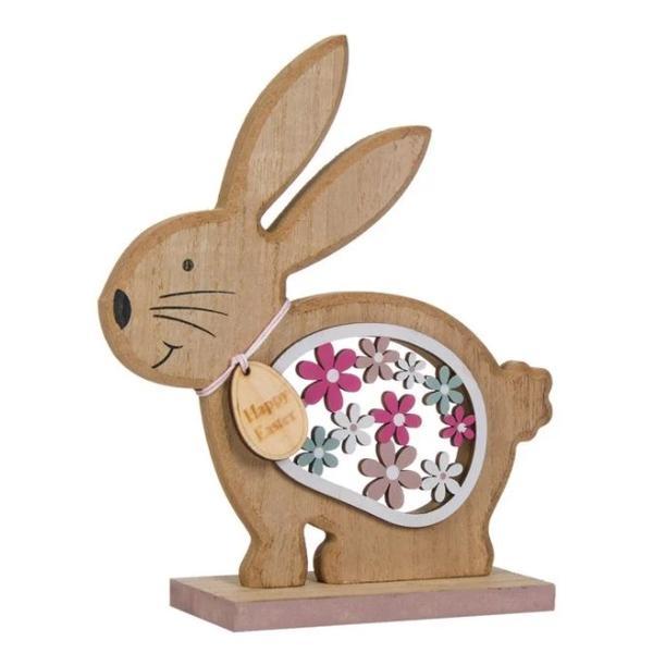 Decor masa de paste, iepuras din lemn, decupaj model flori de primavara, mesaj cu urare paste fericit, inaltime 18.5 cm, multicolor - topi toy