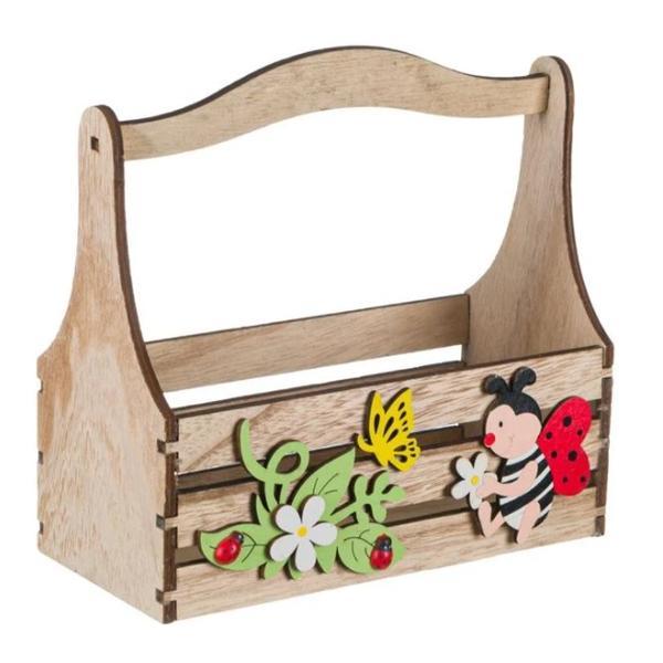 Cos decorativ cu mesaj paste fericit, tip ladita din lemn, model cu mesaj de sarbatoare, multicolor, lungime 28.5 cm, multicolor