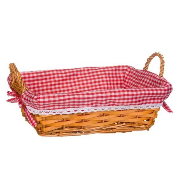 Cos decorativ pentru oua de paste, cu tortite din rachita, decorat cu tesatura rosie in carouri albe, diametru 25 cm