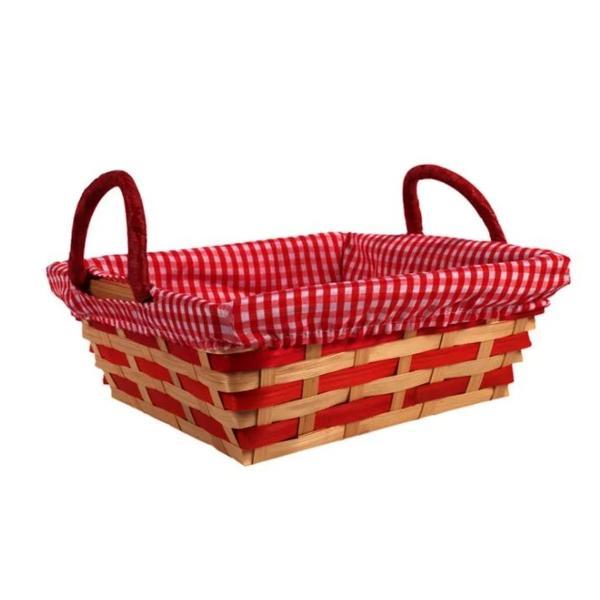 Cos decorativ pentru paste, cu tortite din rachita, decorat cu tesatura rosie in carouri albe, lungime 20 cm