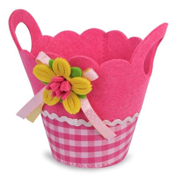 Cos decor pentru Paste, model cu floricica multicolor de primavara si carouri roz cu alb, 12.5 X 11.5 cm - Topi Toy