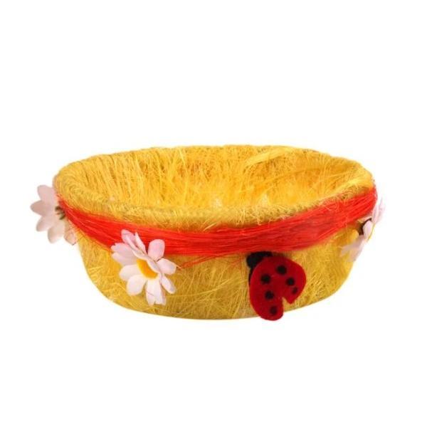 Cosulet decor pentru paste, design cuib de pasari galben, cu gargarita rosie si floare alba aplicata, diametru 14.5 cm, multicolor - topi toy