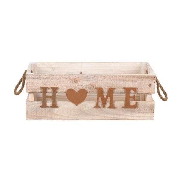 Ladita decor pentru casa si gradina, din lemn, aspect vechi, mesaj si inimioara maro, cu manere in ambele parti, 40 x 22.5 cm