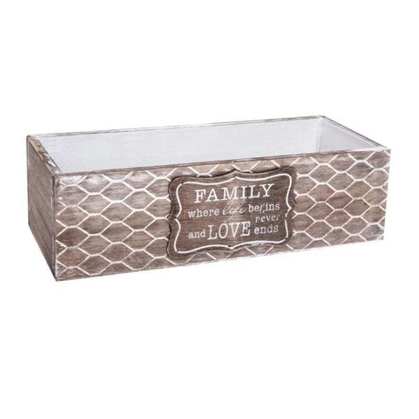 Ladita decor pentru casa si gradina, din lemn, cu aspect vechi, design geometric si inscriptie mesaj, 26.5 x 10 cm