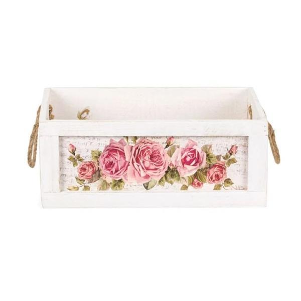 Ladita decor pentru casa si gradina, din lemn, manere tip franghie groasa, aspect vechi, design cu flori roz, 29.5 x 19.5 cm, multicolor