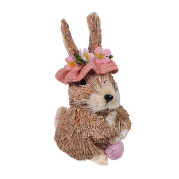 Figurina decor pentru paste, iepuras 3d cu diadema din flori de primavara si cu ou vopsit, inaltime 16.5 cm