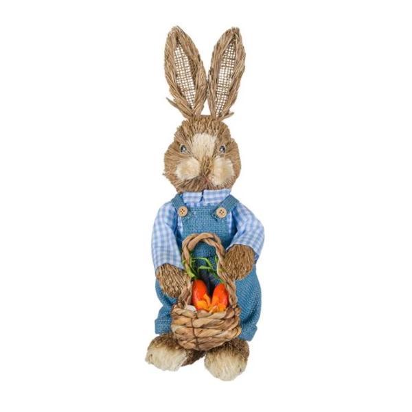 Figurina decor pentru paste, iepure gospodar, cu salopeta albastra si cosulet din lemn cu morcovi, inaltime 36.5 cm