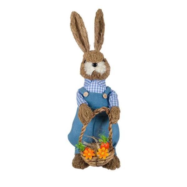Figurina decor pentru paste, iepure gospodar, cu salopeta albastra si cosulet din lemn cu morcovi si flori, inaltime 45.5 cm