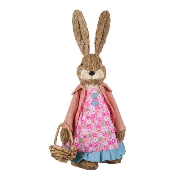 Figurina decor pentru paste, iepuroaica gospodina, cu rochita de sarbatoare si sacou, cosulet din lemn cu oua colorate, inaltime 48.5 cm