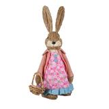 Figurina decor pentru Paste, iepuroaica gospodina, cu rochita de sarbatoare si sacou, cosulet din lemn cu oua colorate, inaltime 48.5 cm